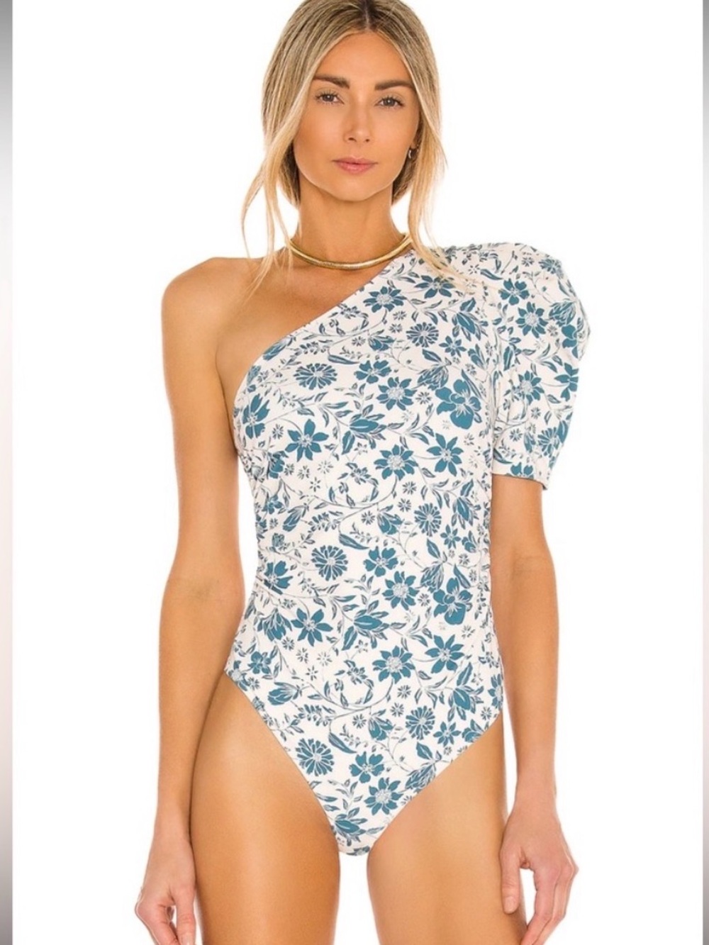Free People Intimately Puff Sleeve One Sleeve Blue and White Floral Bodysuit XS - Picture 8 of 12